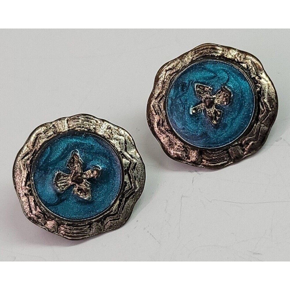VTG Silver Tone & Blue Enamel Clip On Earrings Round Ethnic Bird Angel Cross